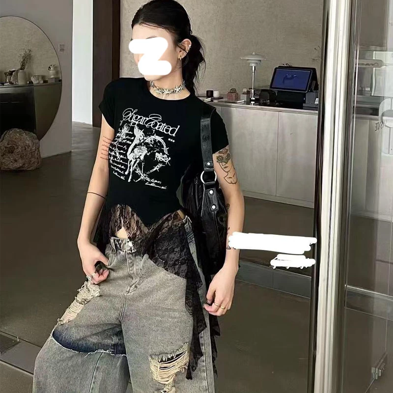 韩版时尚辣妹蕾丝拼接字母印花不规则百搭T恤潮ins设计感短袖上衣