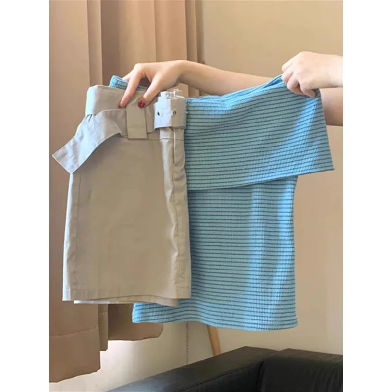 气质一整套穿搭夏季时髦洋气套装女一字肩翻领上衣腰带短裙两件套