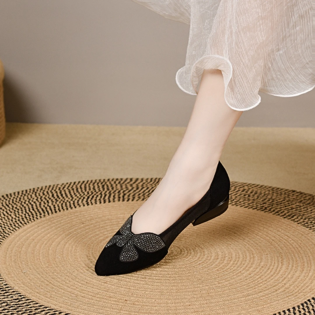 2025新款夏季尖头网纱单鞋粗跟镂空真皮女鞋气质水钻透气夏天凉鞋