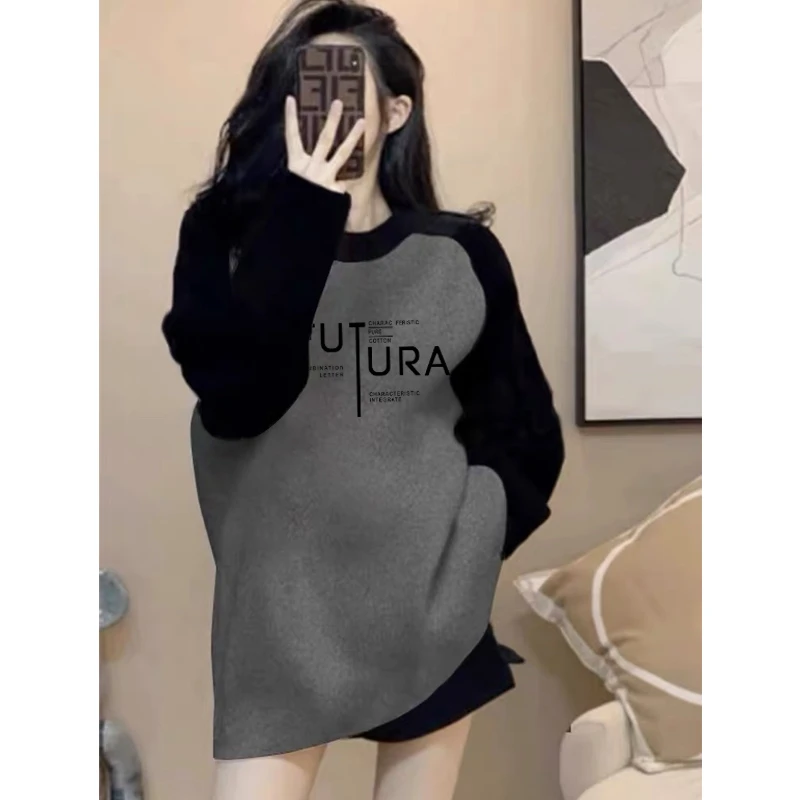 德绒磨毛保暖中长款遮屁股插肩拼接撞色长袖t恤女宽松打底衫秋冬