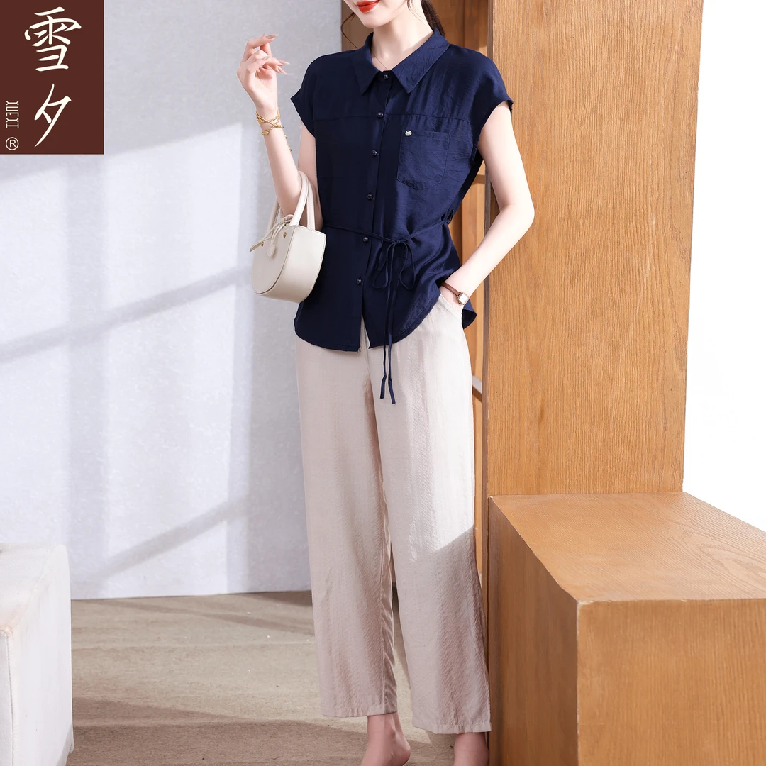 雪夕妈妈夏装时尚洋气套装2025新款中老年女士夏季短袖衬衣上衣服