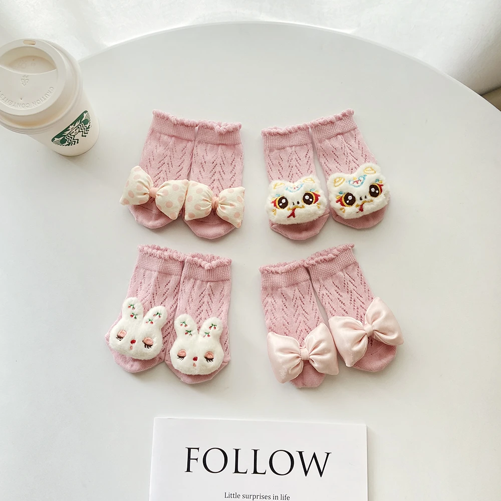 粉色婴儿袜子夏季女宝宝小月龄0-12个月1-3岁透气网防蚊袜中筒袜