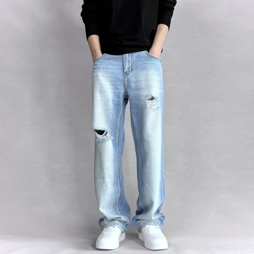 【宽松大直筒】无弹破洞clanfit水波纹微阔腿牛仔裤男款柔软美式风