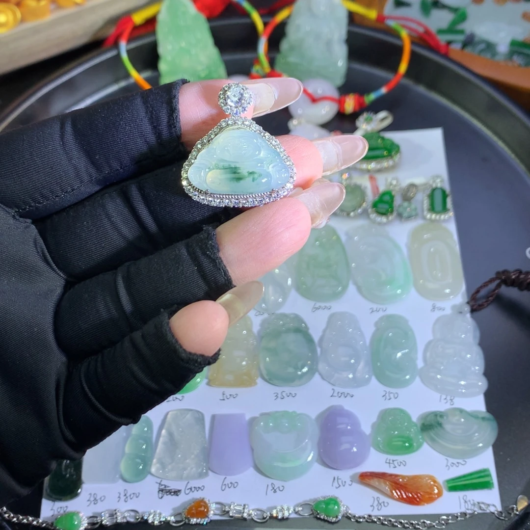 翡翠银S925镶嵌吊坠(不含链)飘花佛公