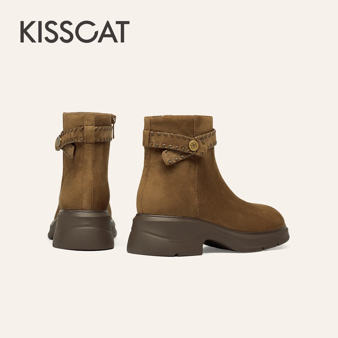 接吻猫2025年冬季舒适通勤百搭圆头时装靴KA65732-50