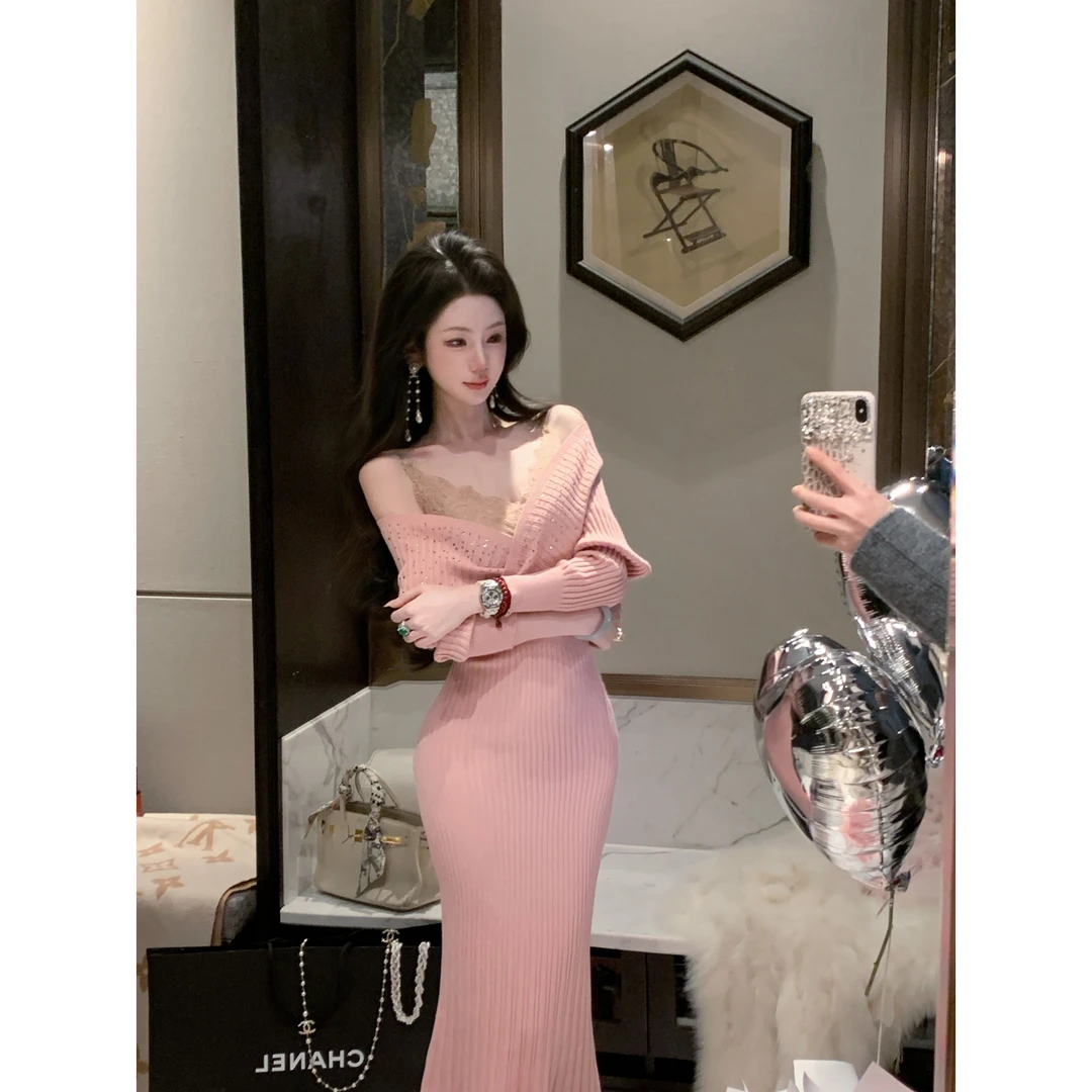 【雅乔定制】目眩神迷 设计感交叉V领烫钻针织连衣裙DYCC-25108463