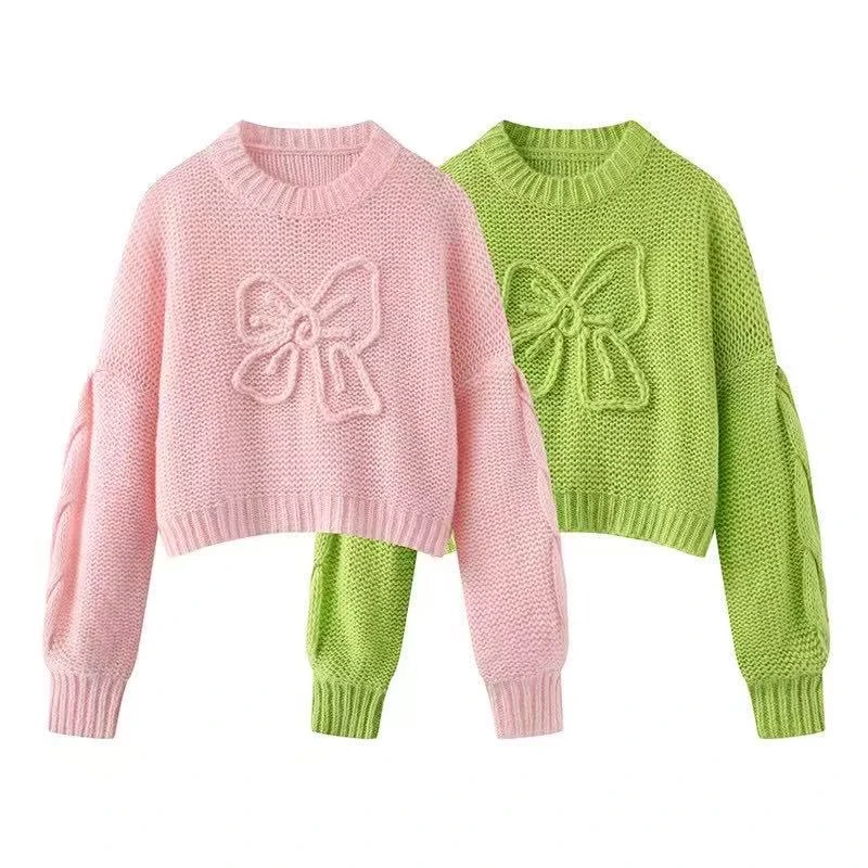 【青春花结】2025春新款时尚百搭宽松蝴蝶结刺绣套头针织衫女.Y7999