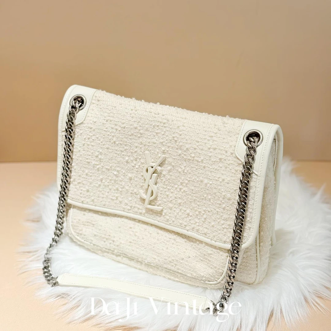 99新 YSL/圣罗兰 大吉中古/ysl圣罗兰niki中号白色粗花呢流浪单肩