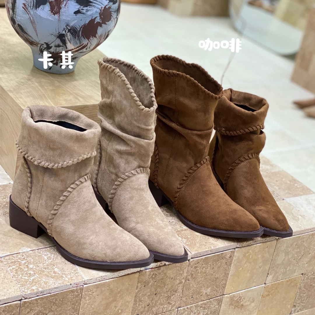 欧美风2025秋冬新款尖头粗跟中筒短靴瘦瘦靴翻筒两穿西部靴时装靴