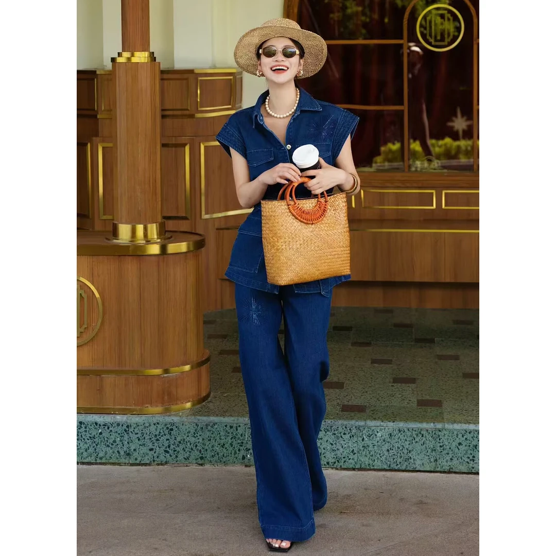 时尚减龄高定职业套装2025初秋新款刺绣牛仔马甲配裤子时尚两件套