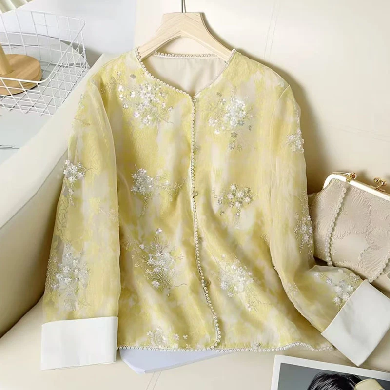 夏季新款重工钉珠亮片洋气薄款气质新中式上衣古风提花百搭防晒衣