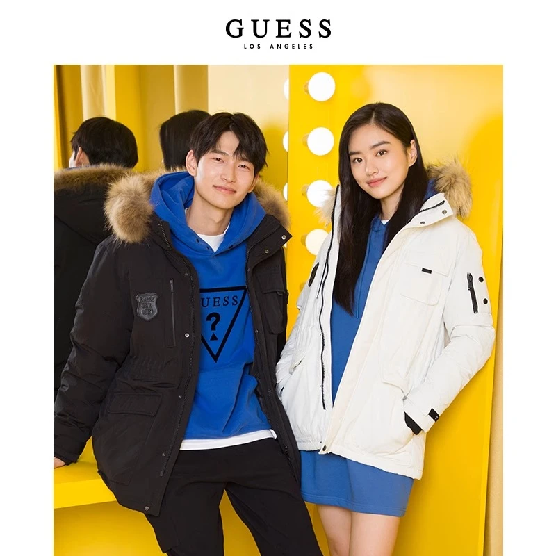 GUESS  女装派克毛领貉子毛连帽中长款羽绒服女W2PL1M8105Z