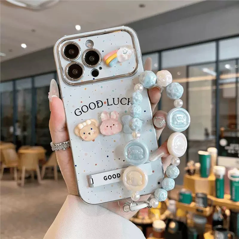 蓝底好运适用于苹果15华为创意视窗OPPO女款VIVO网红款电镀手机壳