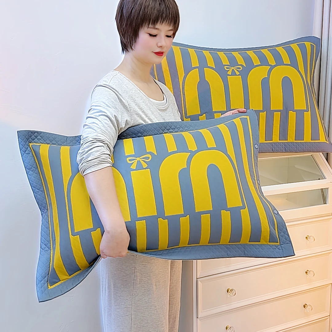 高密纯棉纱布按扣枕套一对48*74暖心文字款加厚全棉枕头芯套透气/