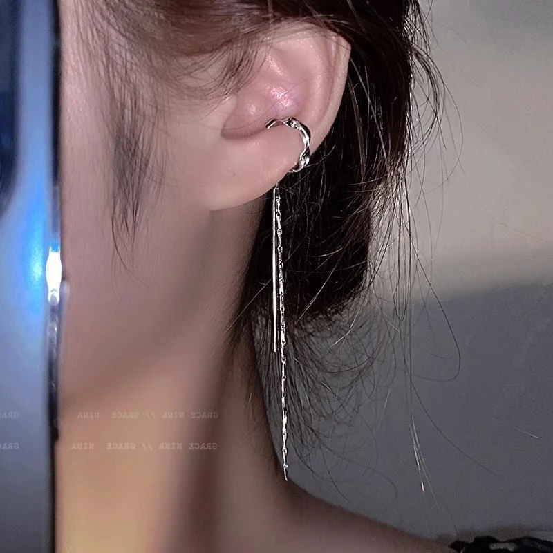 铜合金锆石耳饰 圆脸显瘦长款流苏耳骨夹耳环女冷淡风简约百搭耳