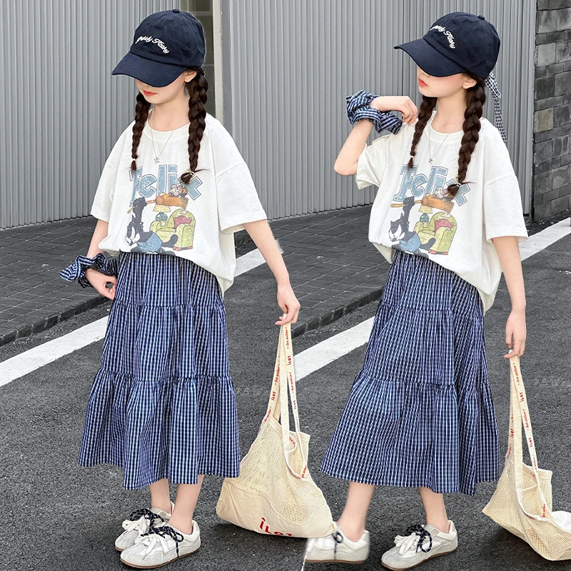 女童夏装套装2025新款儿童短袖T恤中大童女孩中长款格子半身裙子