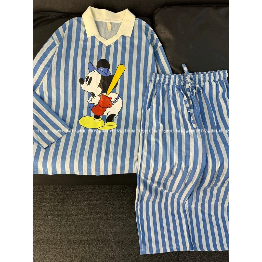 侘町米奇头像纯棉睡衣套头条纹家居服休闲可外穿秋冬新款
