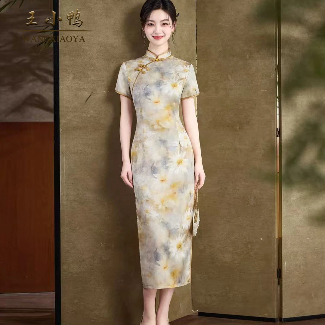 王小鸭2025夏季新款旗袍裙女气质优雅新中式妈妈装收腰显瘦连衣裙