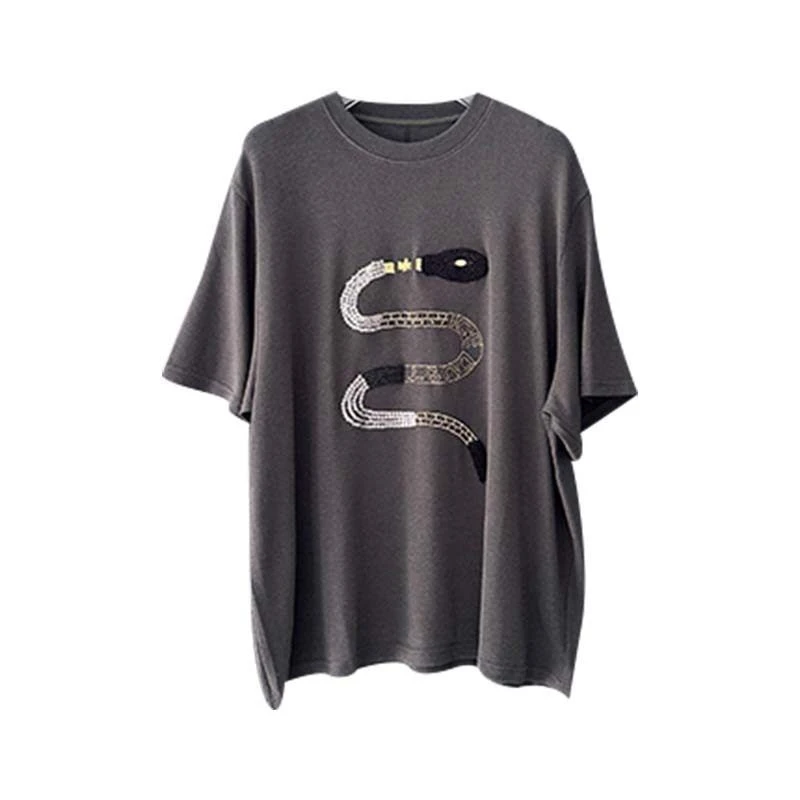 【断码清仓】2025春夏趣味蛇灵蛇形纹图案钉珠宽松休闲短袖T恤女