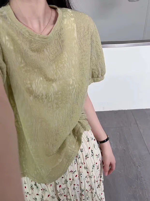 【硕和集】81406通勤韩系风短袖圆领设计感提花T恤百搭褶皱显瘦