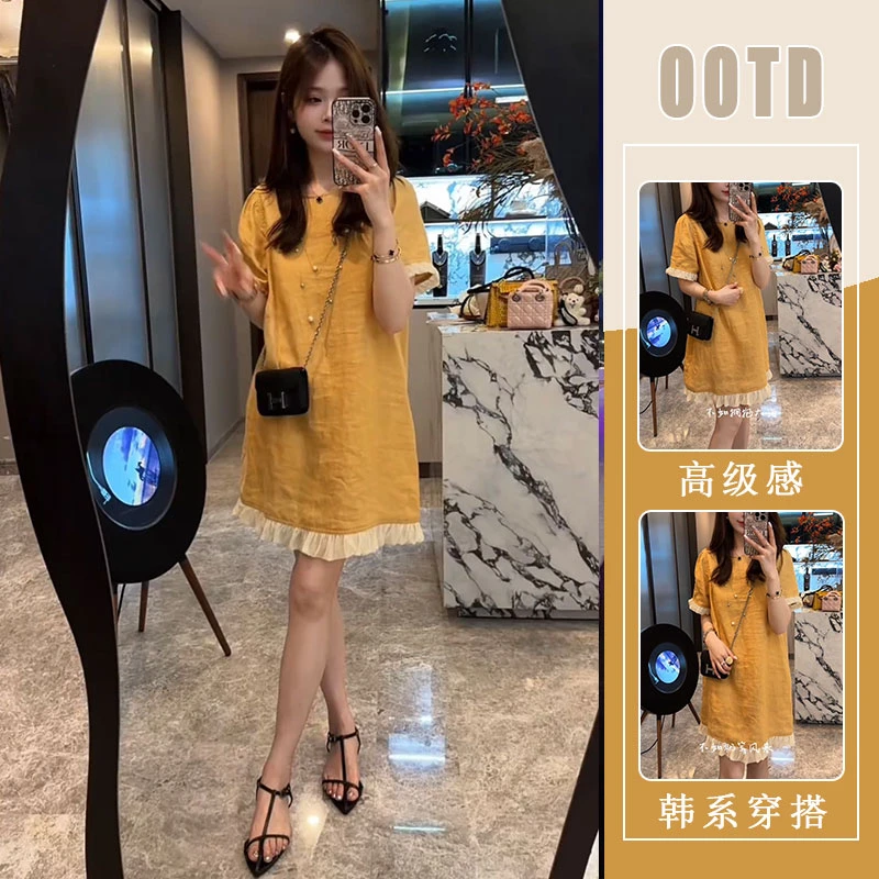 欧洲站2025夏季新款时尚圆领拼接花边设计感洋气宽松显瘦连衣裙女