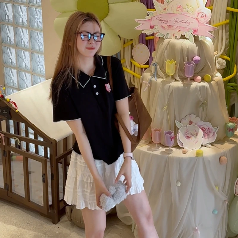 专柜捡漏~今年流行黑色猫咪Polo领短袖T恤女夏季时尚百搭减龄上衣