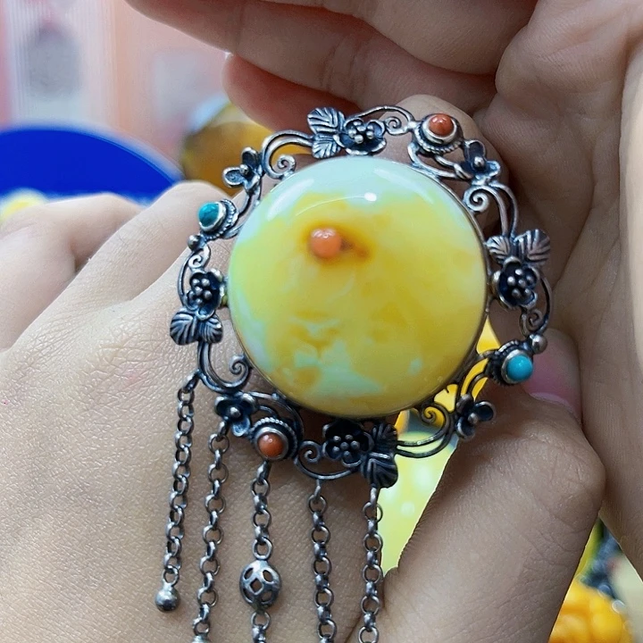 琥珀银S925镶嵌颈饰戒指