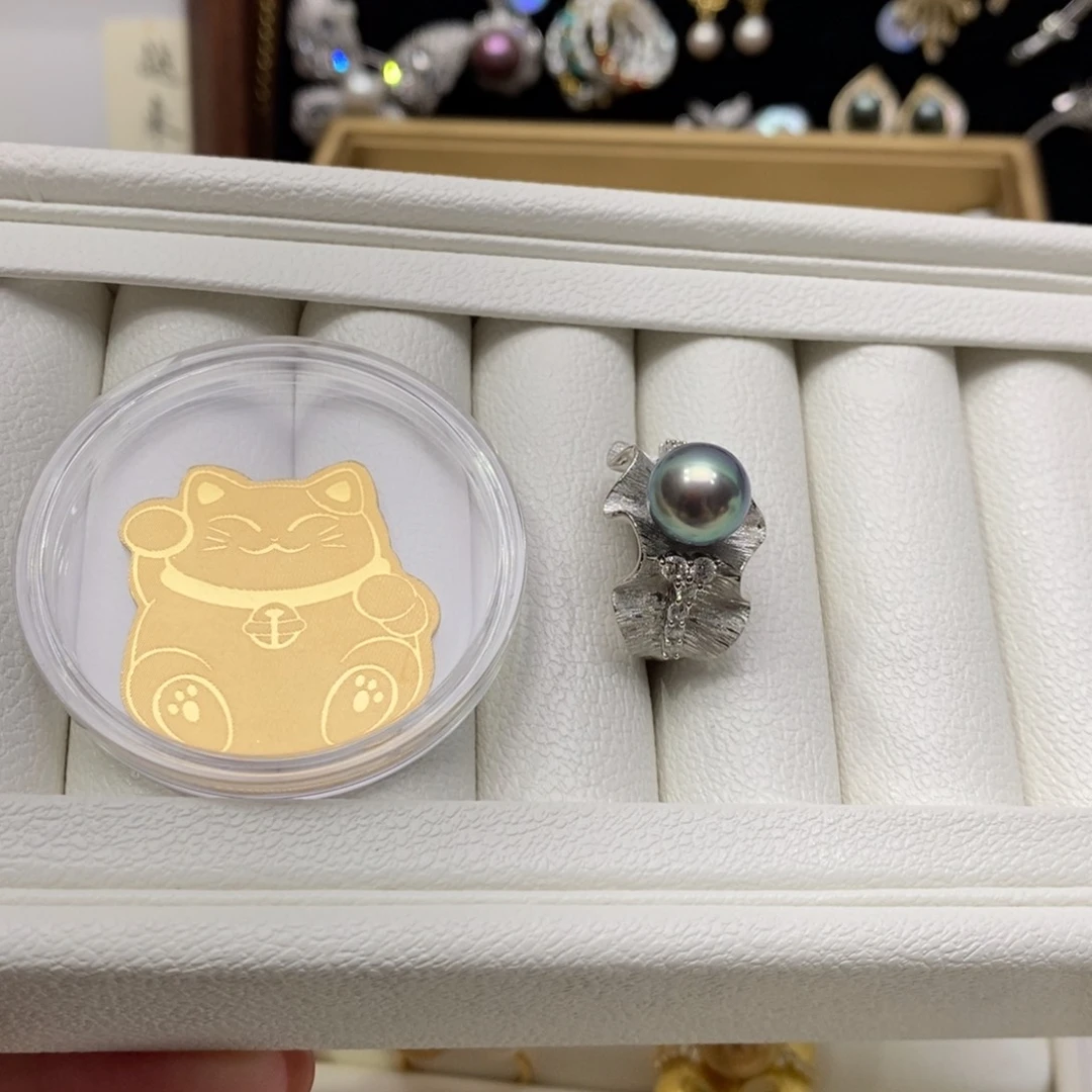 海水珍珠戒圈银S925镶嵌大*儿猫猫