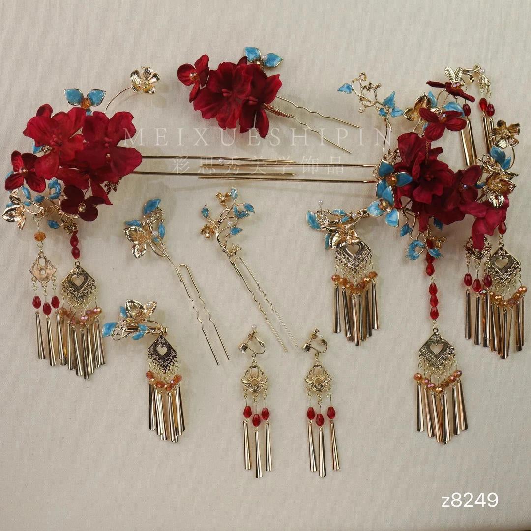 z8249红金色仿真花中式秀禾头饰新娘结婚分体发饰晨袍敬酒礼服