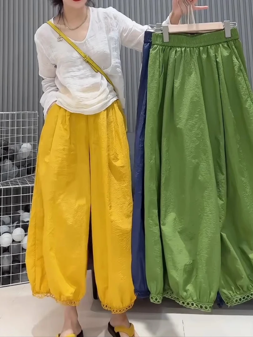 欧货2025夏季洋气宽松薄款蕾丝花边阔腿灯笼裤女百搭九分休闲裤子