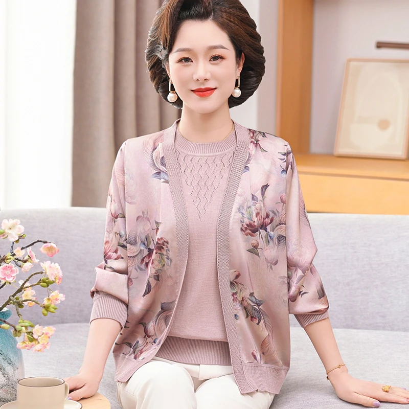 中老年女装春秋新款两件套时尚针织花布衫洋气短款妈妈装长袖上衣