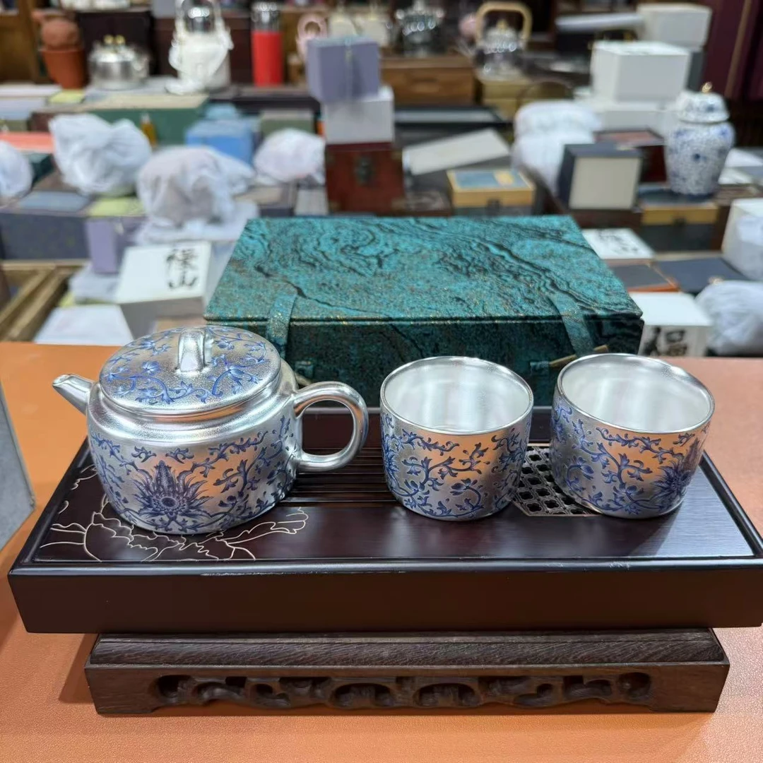 （胡子茶器）缠枝莲鎏银茶壶套组加茶盘  1721+1730