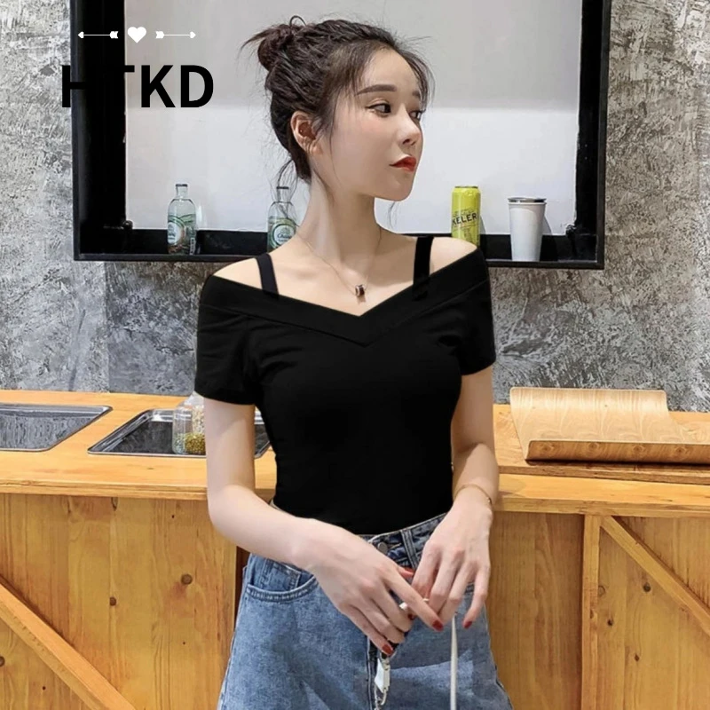 HTKD黑色V领挂脖短袖t恤女2025新款大领口露背半袖体恤紧身上衣洋