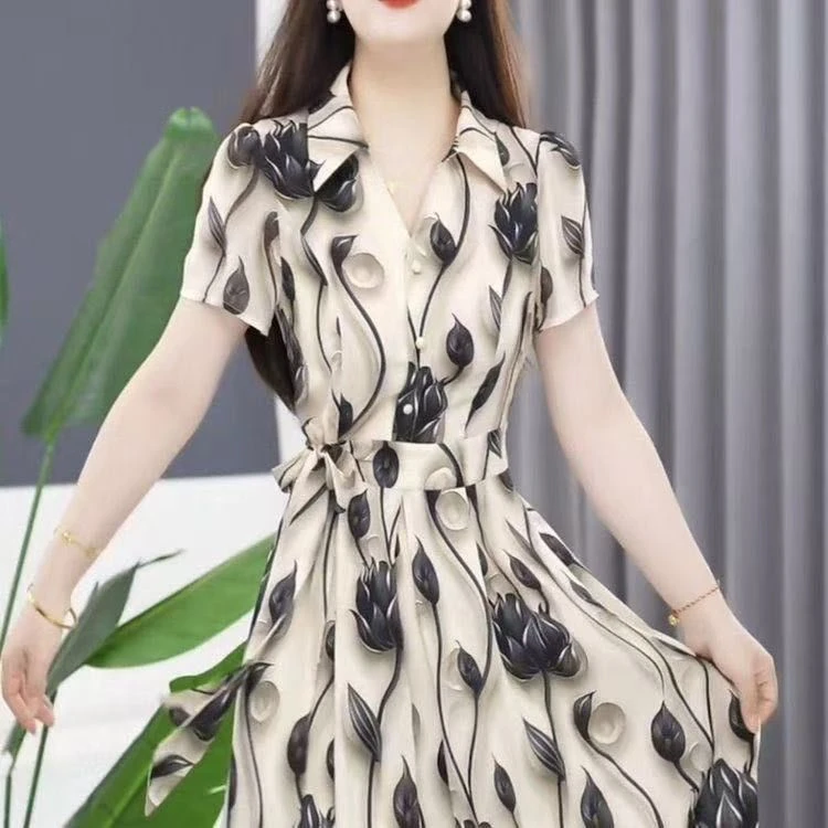 夏季新款时尚短袖中长款印花气质显瘦减龄连衣裙