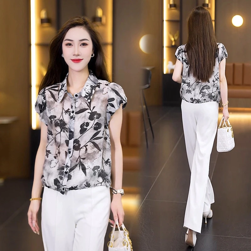 薄款冰丝衬衫女2025夏季新款时尚洋气质显瘦短袖上衣漂亮印花小衫