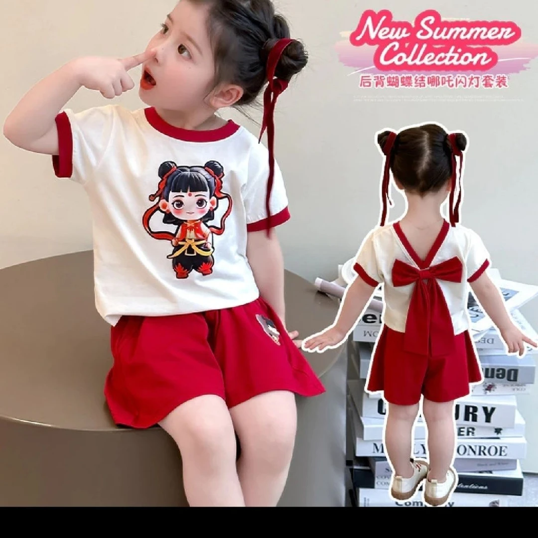 女童发光哪吒短袖纯棉套装2025新款儿童洋气卡通衣服时尚短裤两件