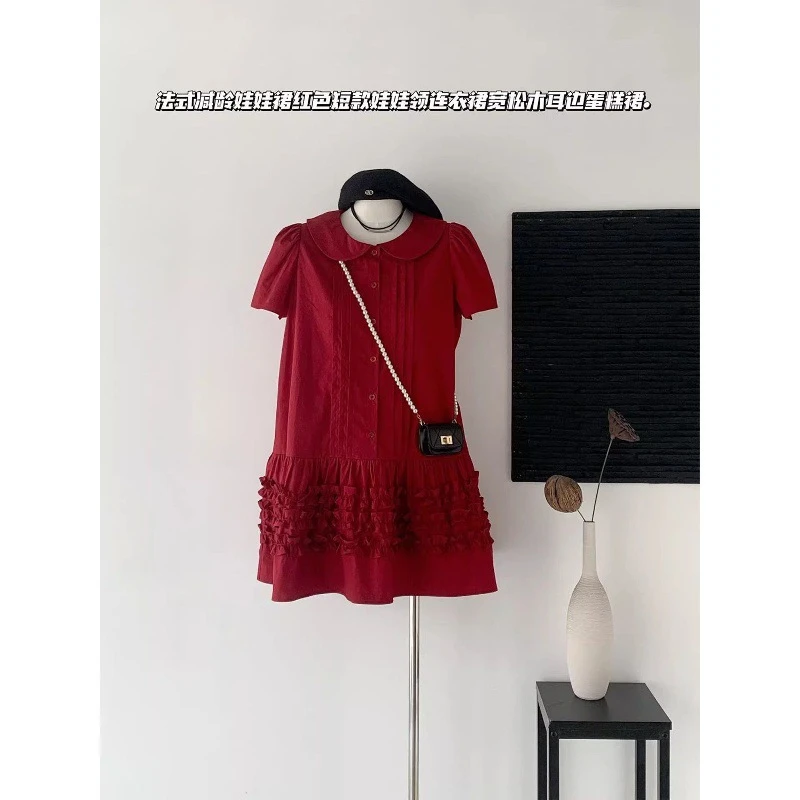 法式减龄红色短款娃娃领连衣裙2025夏季宽松木耳边蛋糕裙