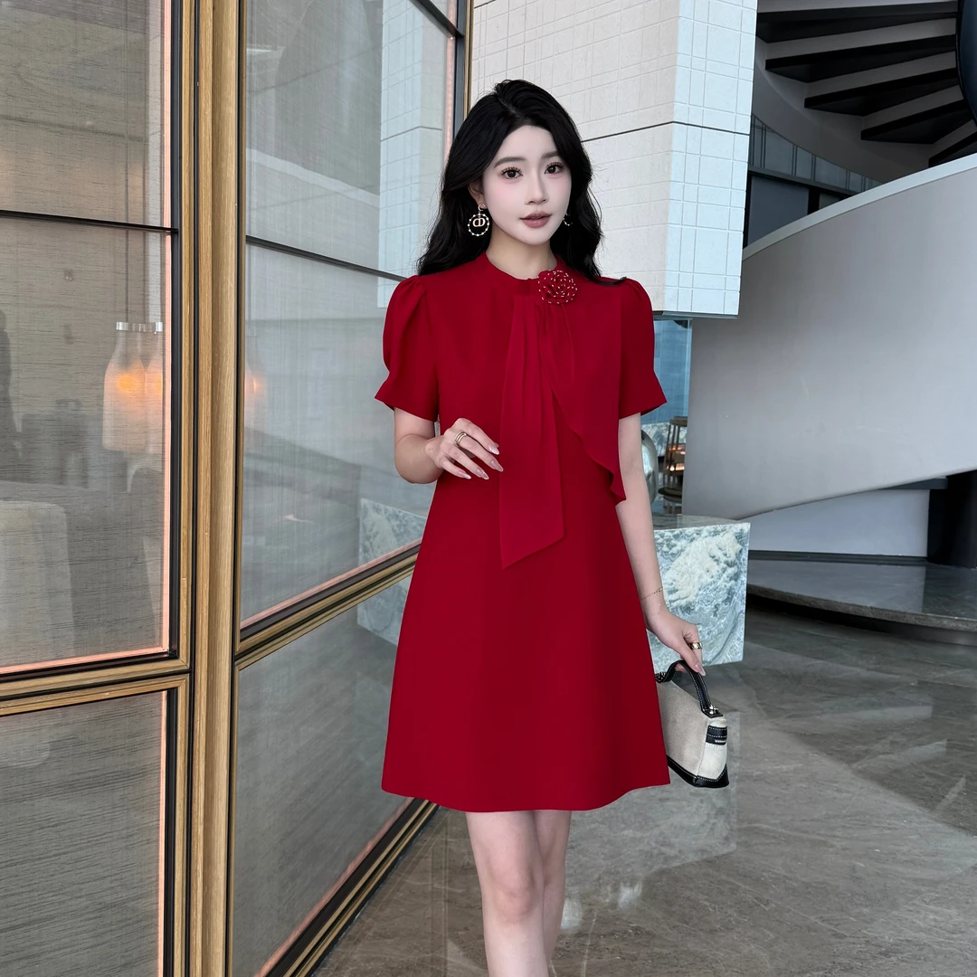 ★小香风手工钉珠花朵飘带大码连衣裙