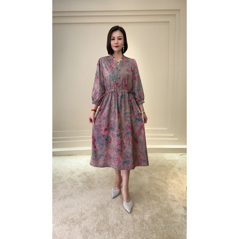 【遇见妳】5602新款小v领绿粉碎花中长收腰显瘦气质时尚女装连衣裙