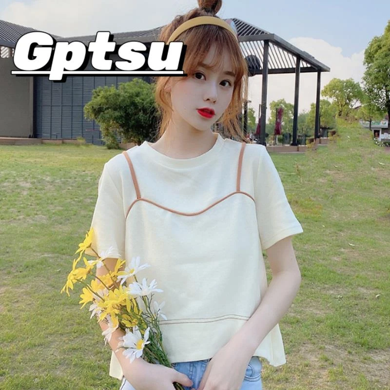 GPTSu假两件正肩短袖t恤女夏季2025新款爆款潮小个子高腰短款上衣