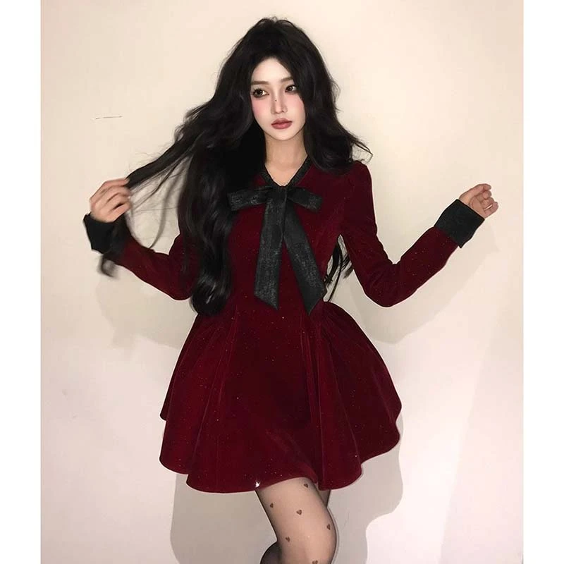 赫本千金长袖连衣裙女春秋季蝴蝶结party约会小礼裙TX0294