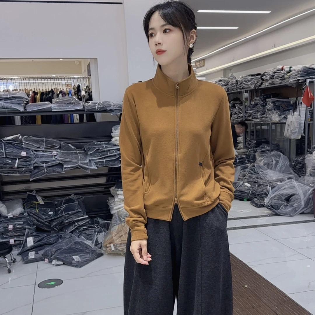 时尚半高立领保暖外套双面德绒打底衫长袖双拉链口袋上衣