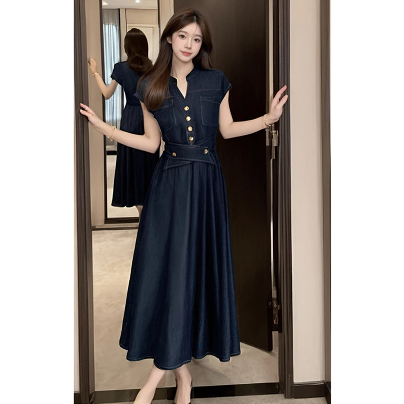 千金风仿牛仔连衣裙女夏季新款设计高级感高腰a字裙短袖连体长裙