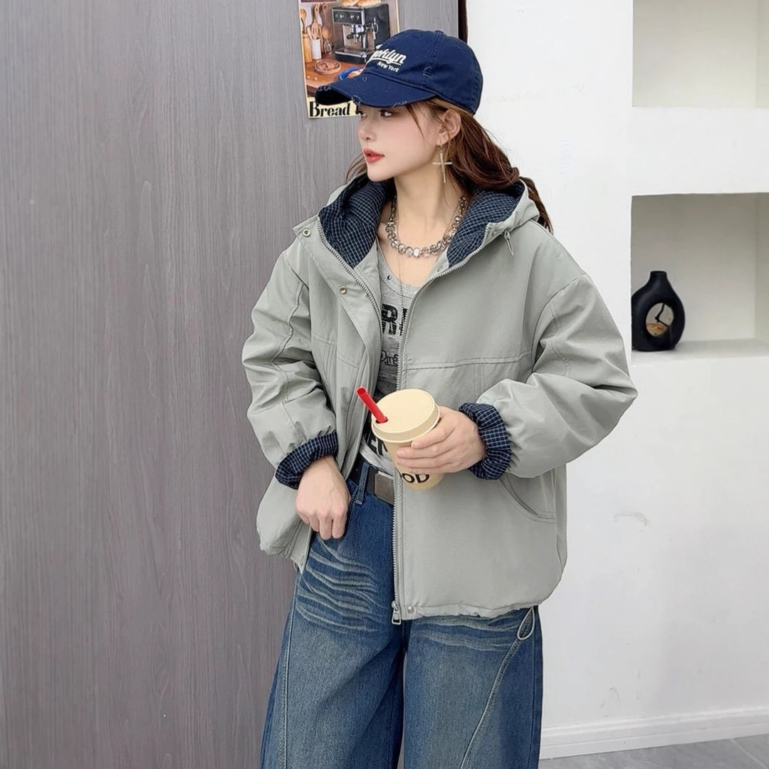 970  韩版格子连帽加棉加厚时尚夹克棉服上衣  （衣长60）