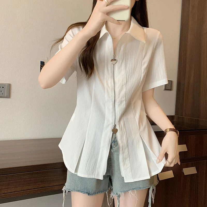 大码polo领双拉链白色短袖衬衫2025新款夏季胖mm显瘦遮肚子上衣女