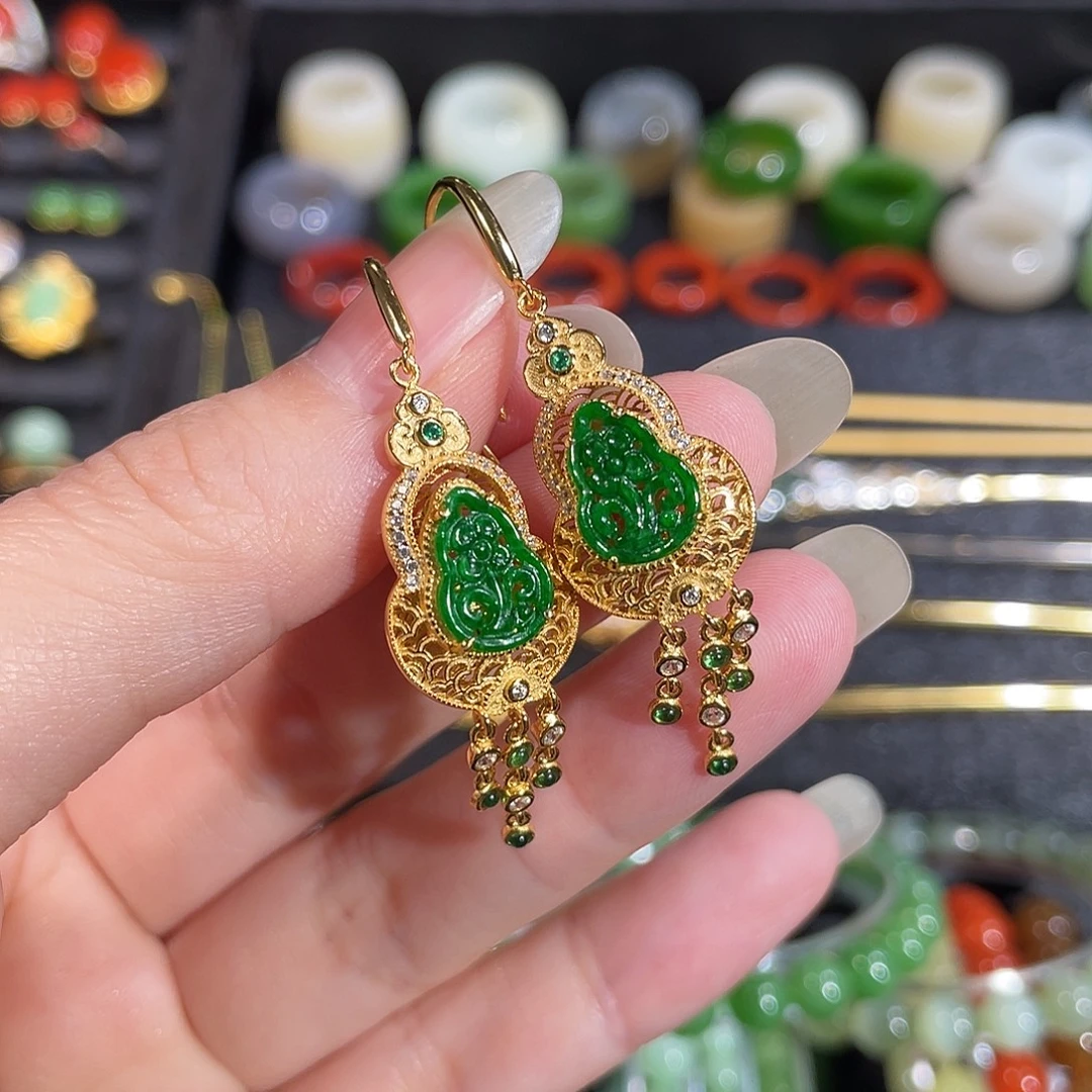 翡翠银S925镶嵌耳饰翡翠葫芦