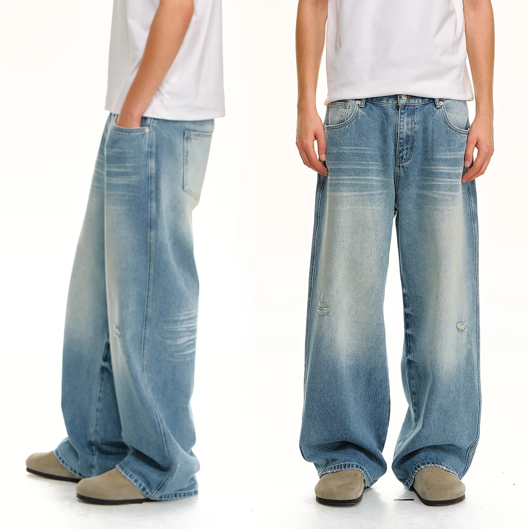 CLIMAX VISION复古水洗蓝色怀旧风/立体猫须抓痕直筒廓形牛仔裤男