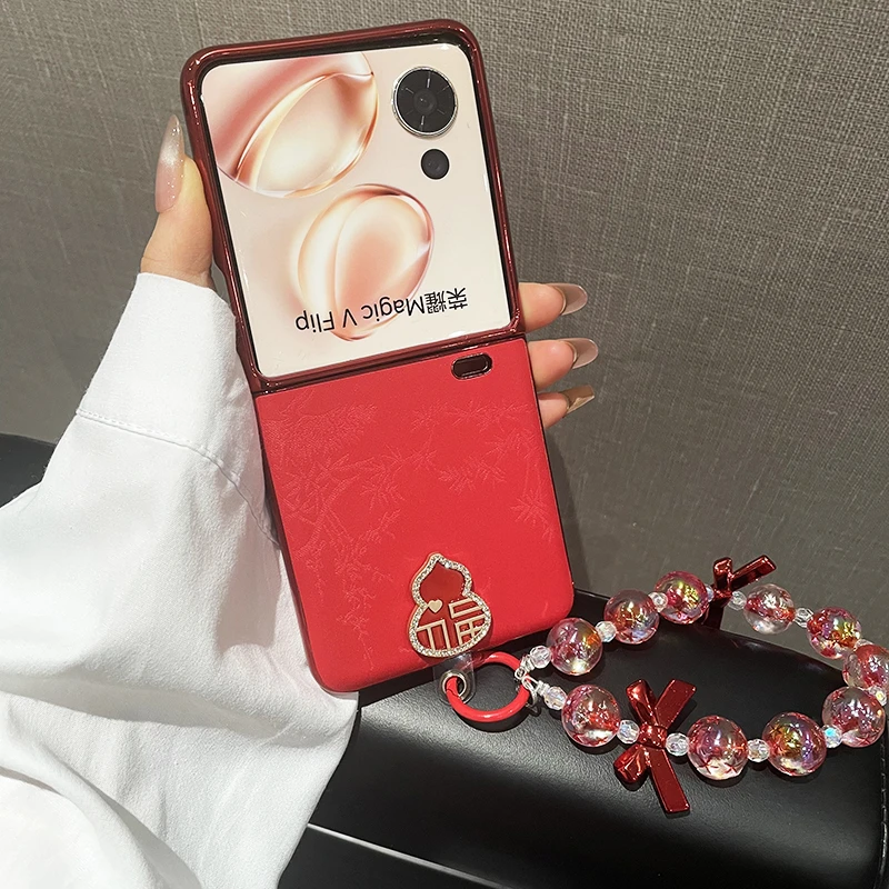 适用于荣耀magicvflip手机壳红边松叶纹保护壳新年红magicvflip潮