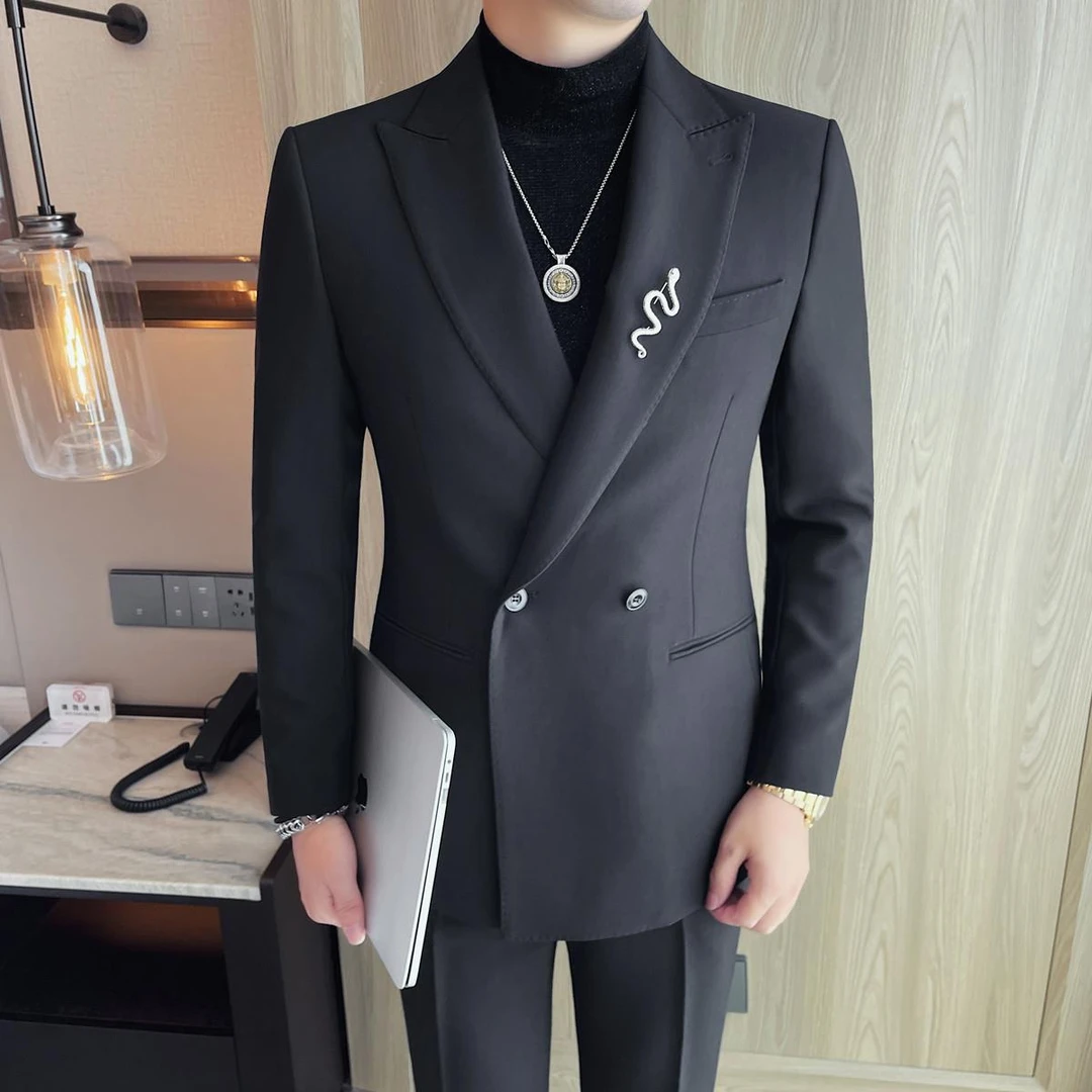 高端意式西装男外套时尚蛇形胸针戗驳领宴会婚礼演出韩版西服套装