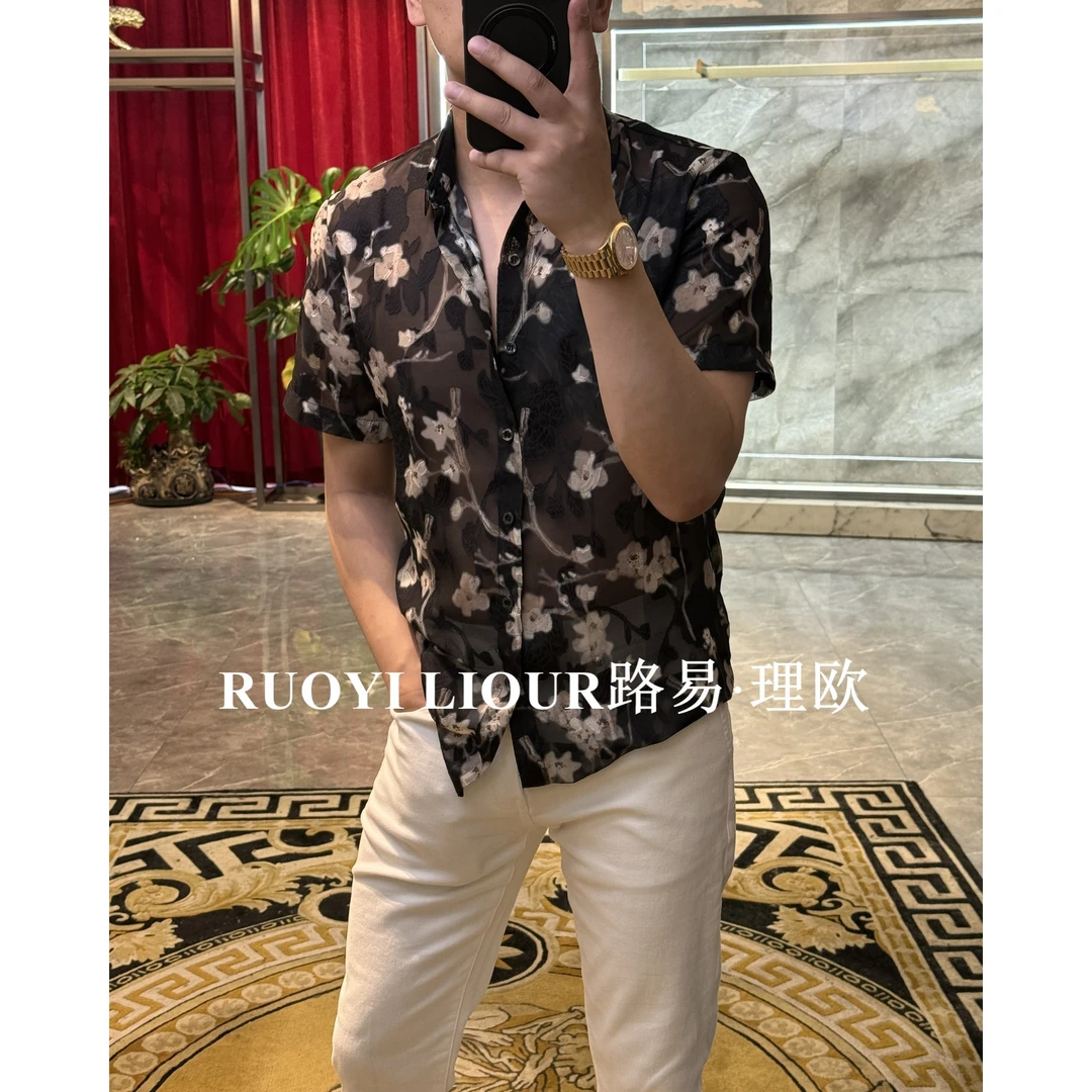 【路易理欧】2025潮流时尚休闲印花夏季透气男士短袖衬衫0318